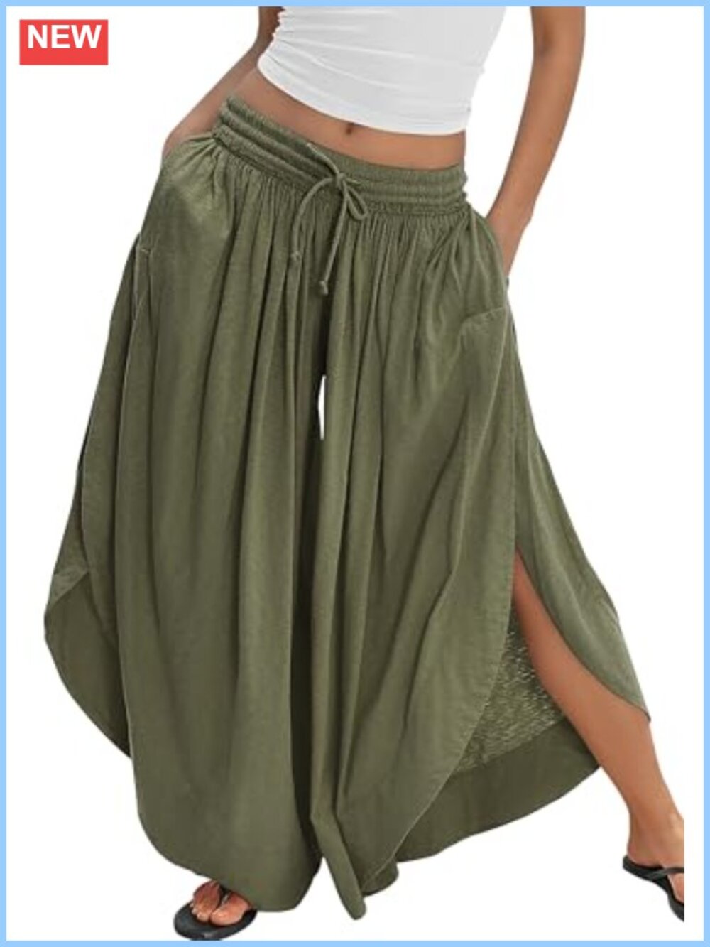 100% Cotton Wide Leg Palazzo Pants High Side Slit Drawstring Beach